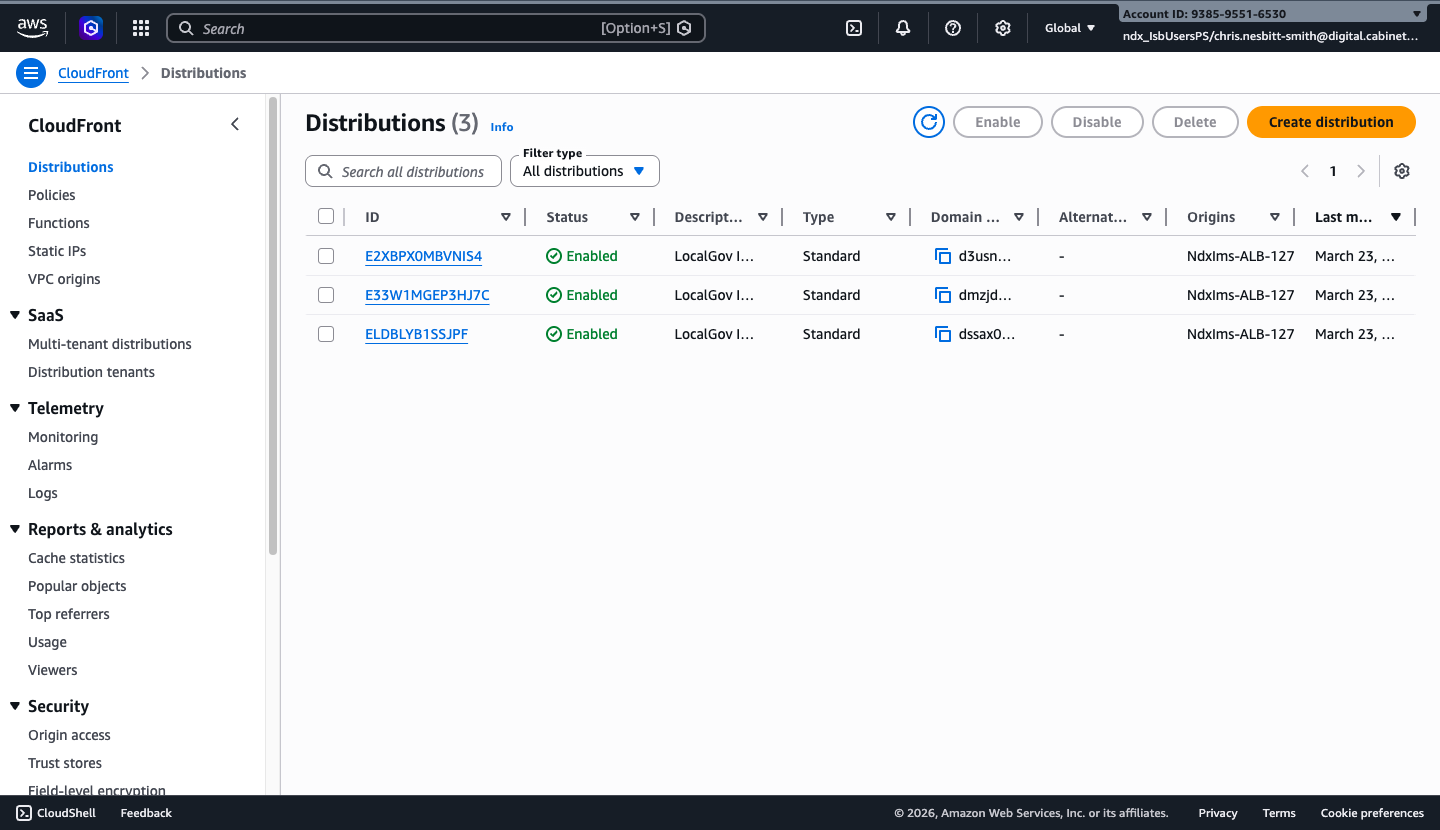 AWS CloudFront console showing three distributions for Portal, Admin, and API