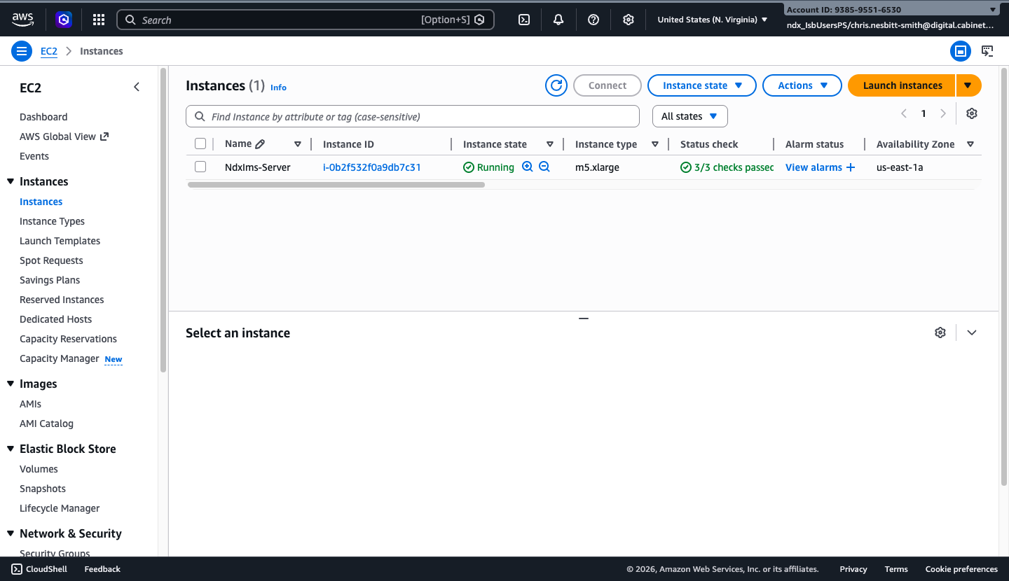 AWS EC2 console showing the NdxIms-Server Windows instance running with 3/3 status checks passed