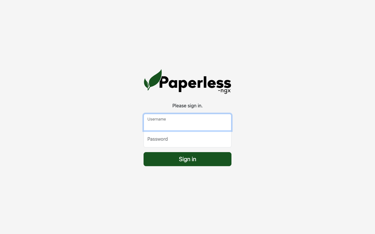 Paperless-ngx login screen with the green 'Please sign in' panel and username/password fields