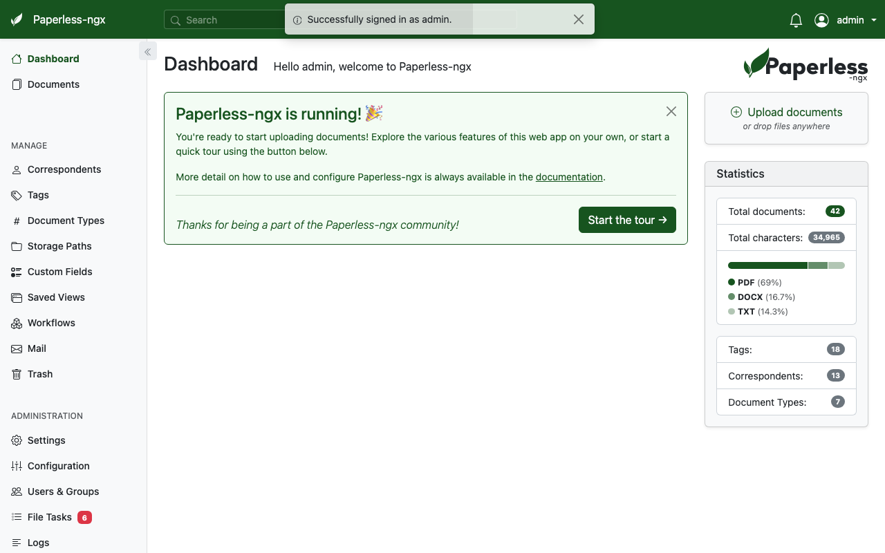 Paperless-ngx dashboard with inbox tag, saved views and recent documents