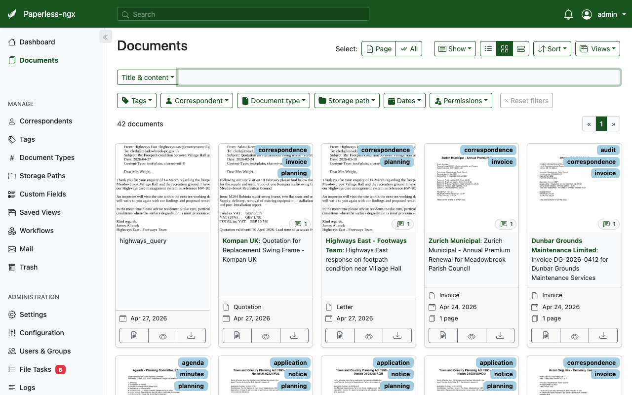 Document list showing AI-rewritten titles, AI-generated tags, AI document types and AI-extracted correspondents