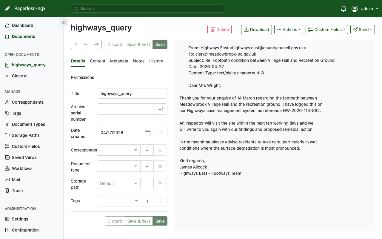 Document detail view showing OCR'd email content from Highways East about a footpath query
