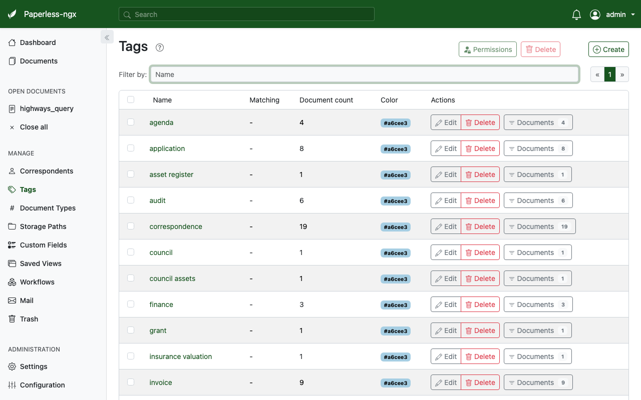 Tags page listing AI-generated tags: agenda, application, asset register, audit, correspondence, council, finance, grant, insurance, invoice