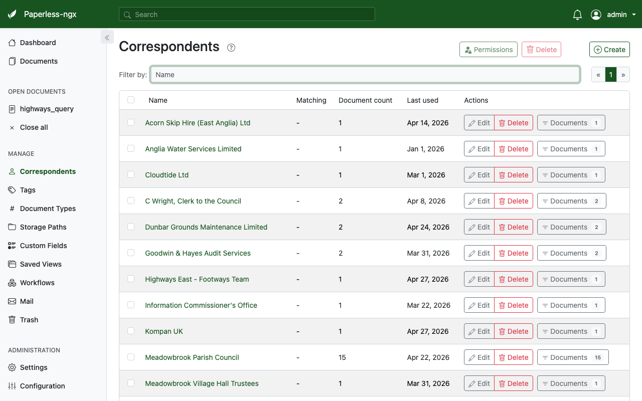 Correspondents page showing AI-extracted senders such as Anglia Water Services, Dunbar Grounds Maintenance, Highways East, Information Commissioner's Office, Meadowbrook Parish Council