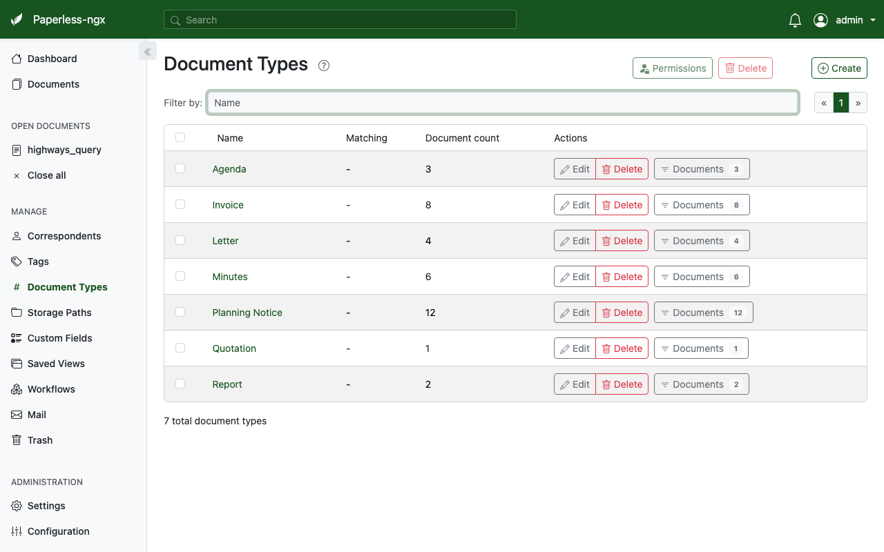 Document types page showing Invoice, Letter, Minutes, Planning Notice, Agenda, Report, Receipt
