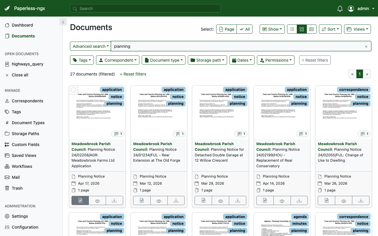 Search results filtered to the term 'planning' showing several planning notices