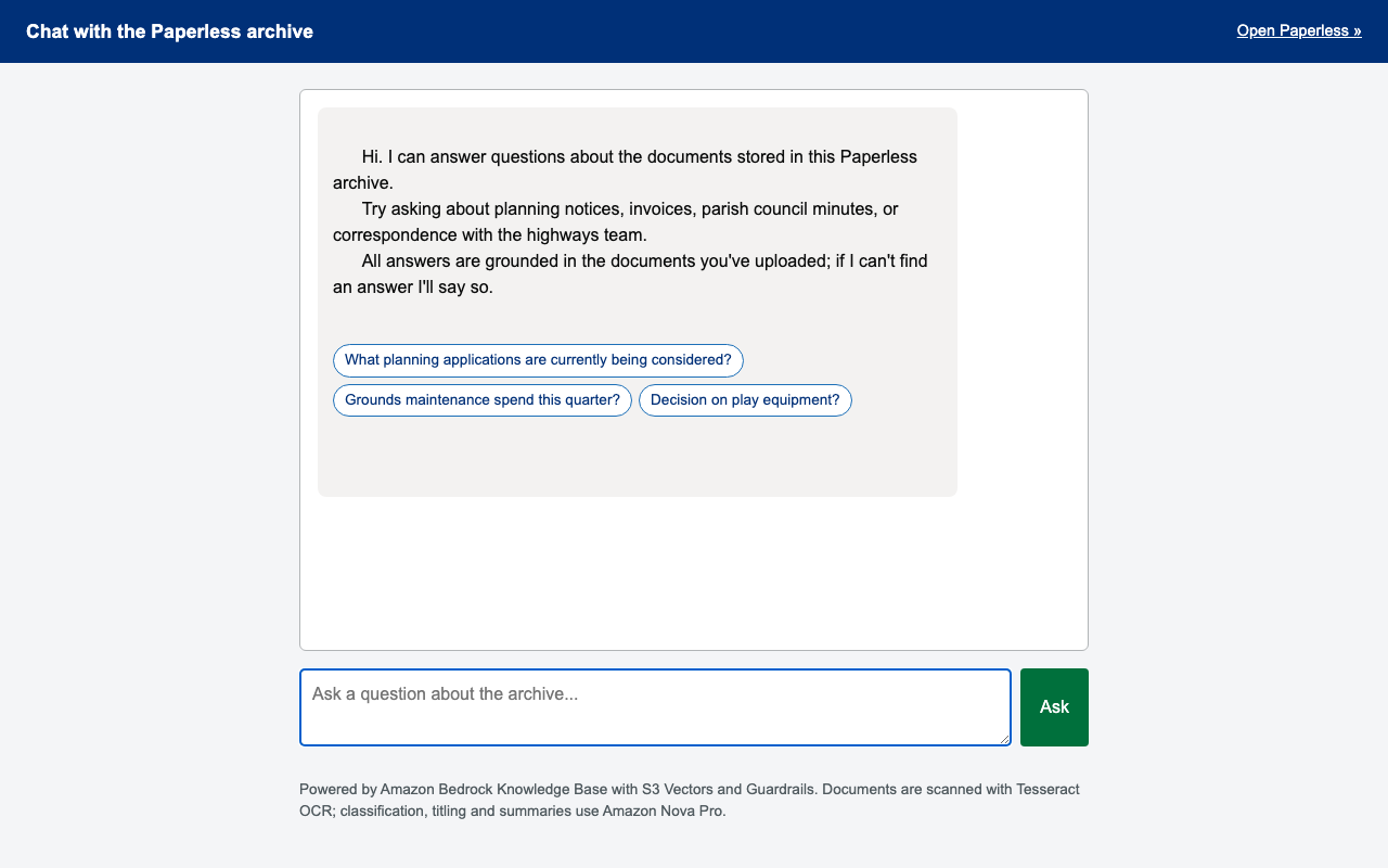 Chat-with-archive UI with the welcome message and three example questions