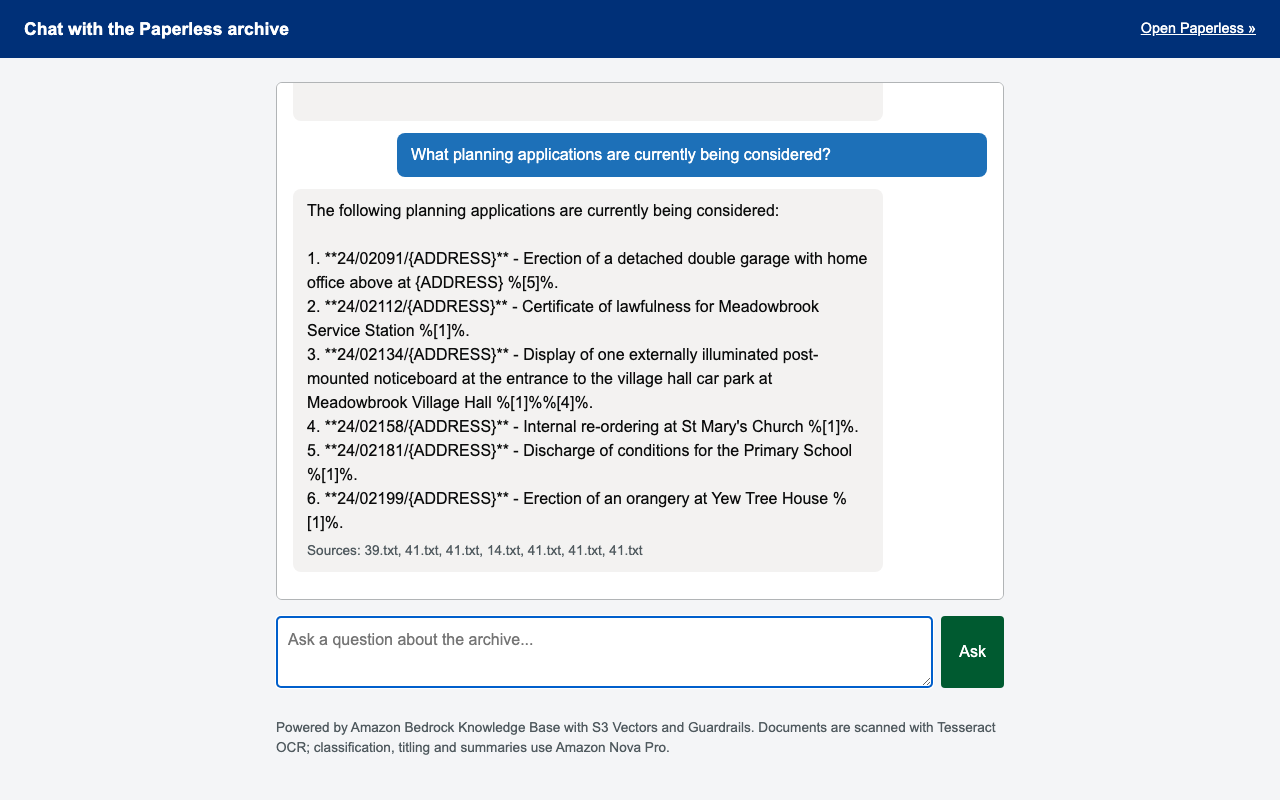 Chat answer listing six planning applications under consideration with citations to specific source documents and {ADDRESS} placeholders where addresses were anonymised