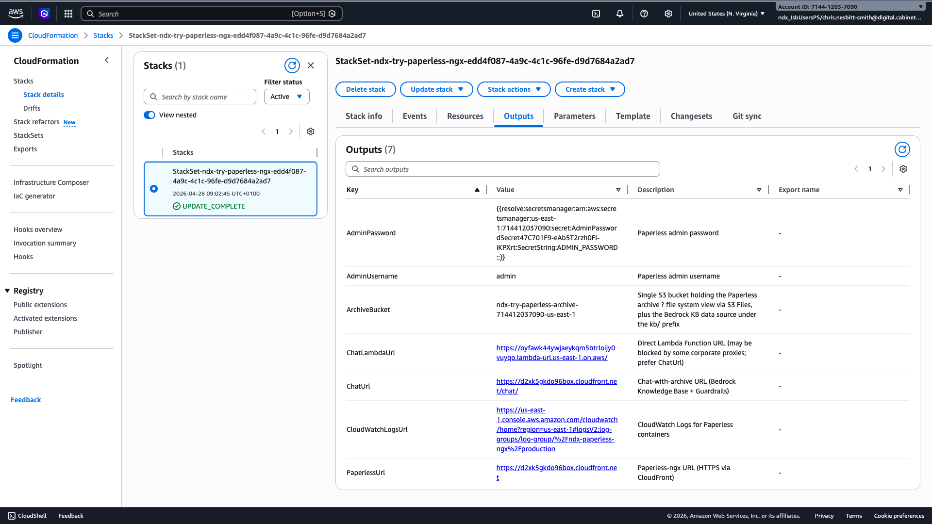CloudFormation Outputs tab showing PaperlessUrl, ChatUrl, AdminUsername, AdminPassword, ArchiveBucket, ChatLambdaUrl and CloudWatchLogsUrl outputs