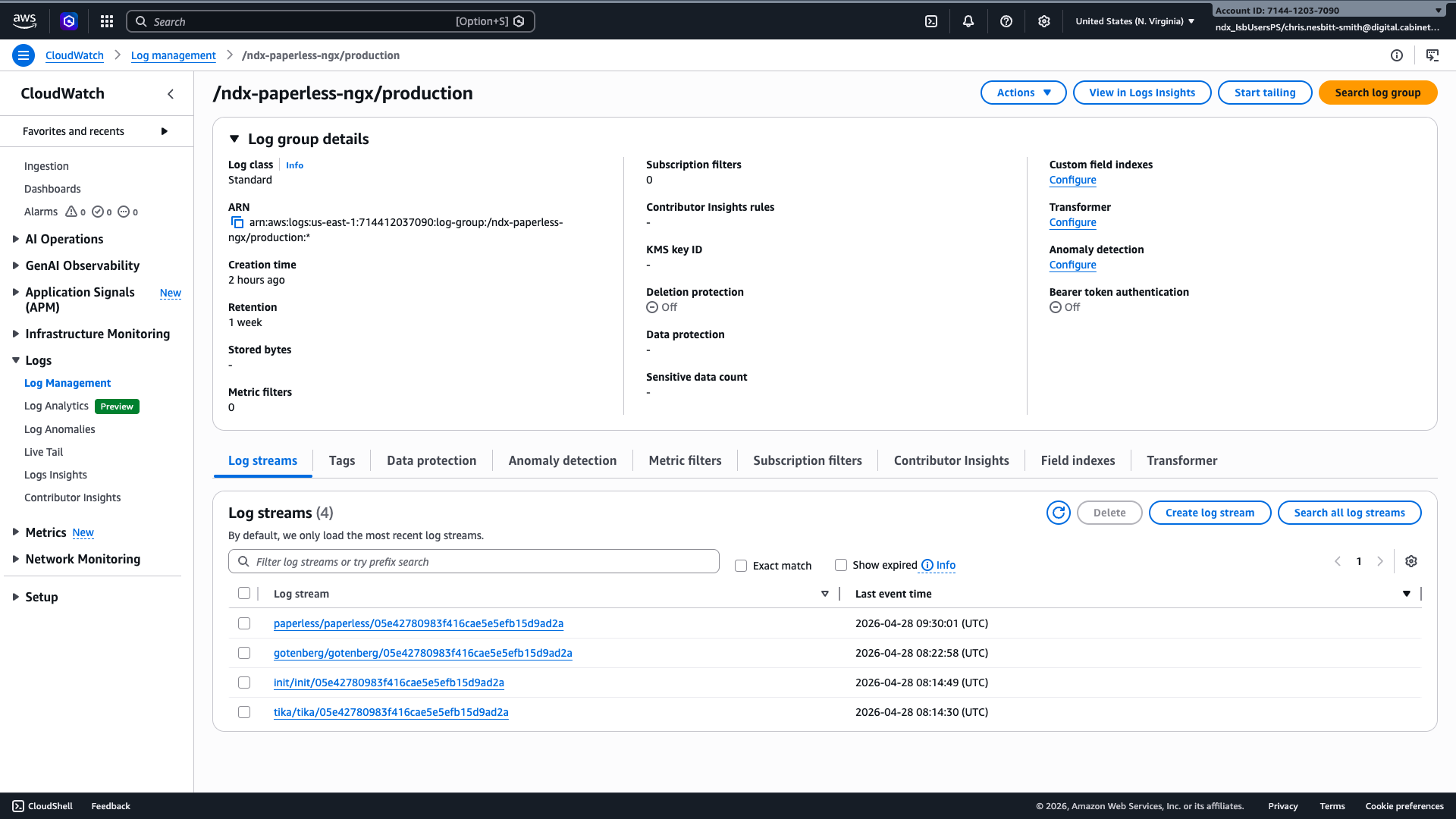 CloudWatch Logs group /ndx-paperless-ngx/production with four log streams: paperless, gotenberg, init and tika