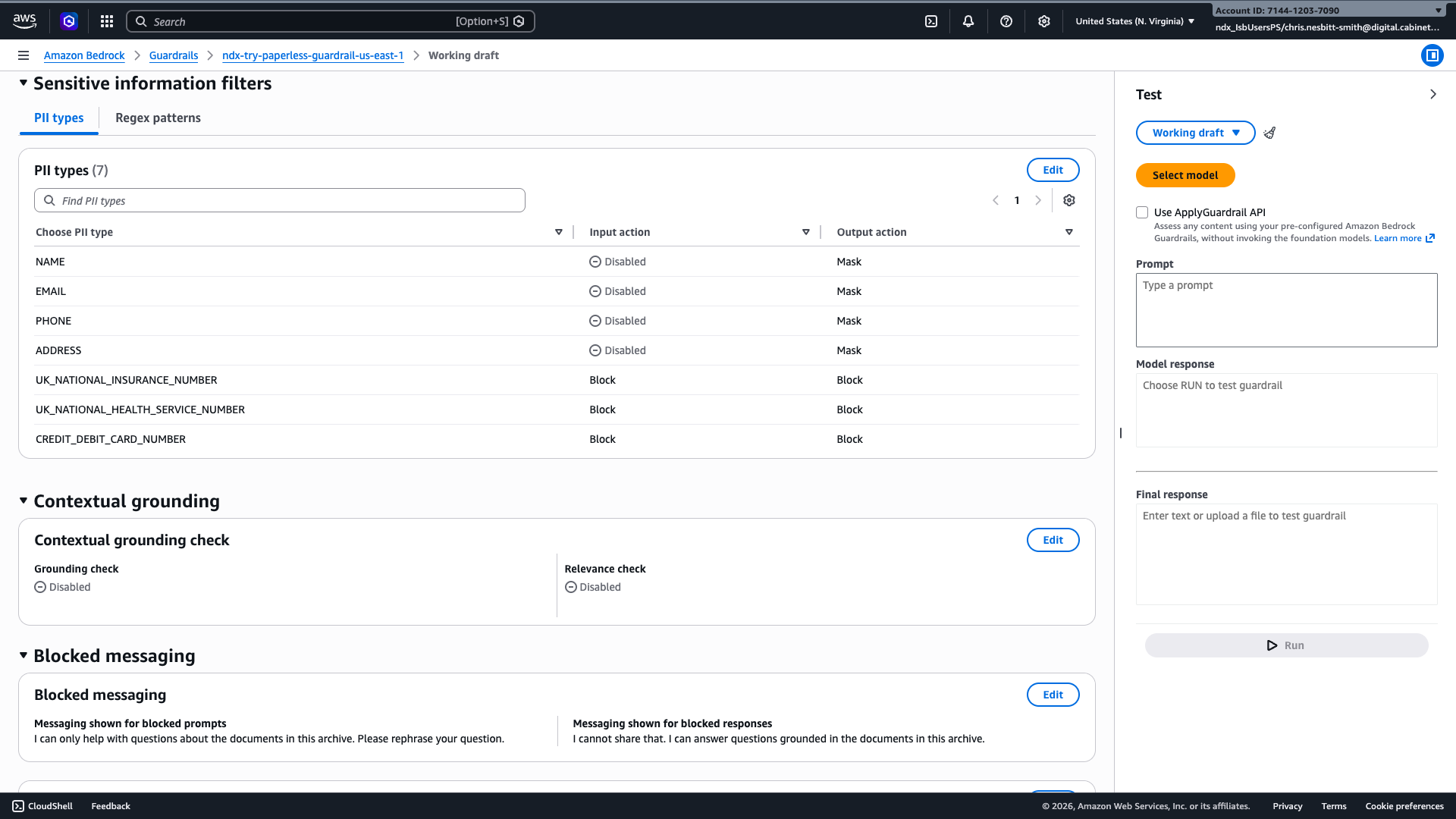 Bedrock Guardrails PII filters showing NAME, EMAIL, PHONE and ADDRESS masked on output, plus UK_NATIONAL_INSURANCE_NUMBER, UK_NATIONAL_HEALTH_SERVICE_NUMBER and CREDIT_DEBIT_CARD_NUMBER blocked