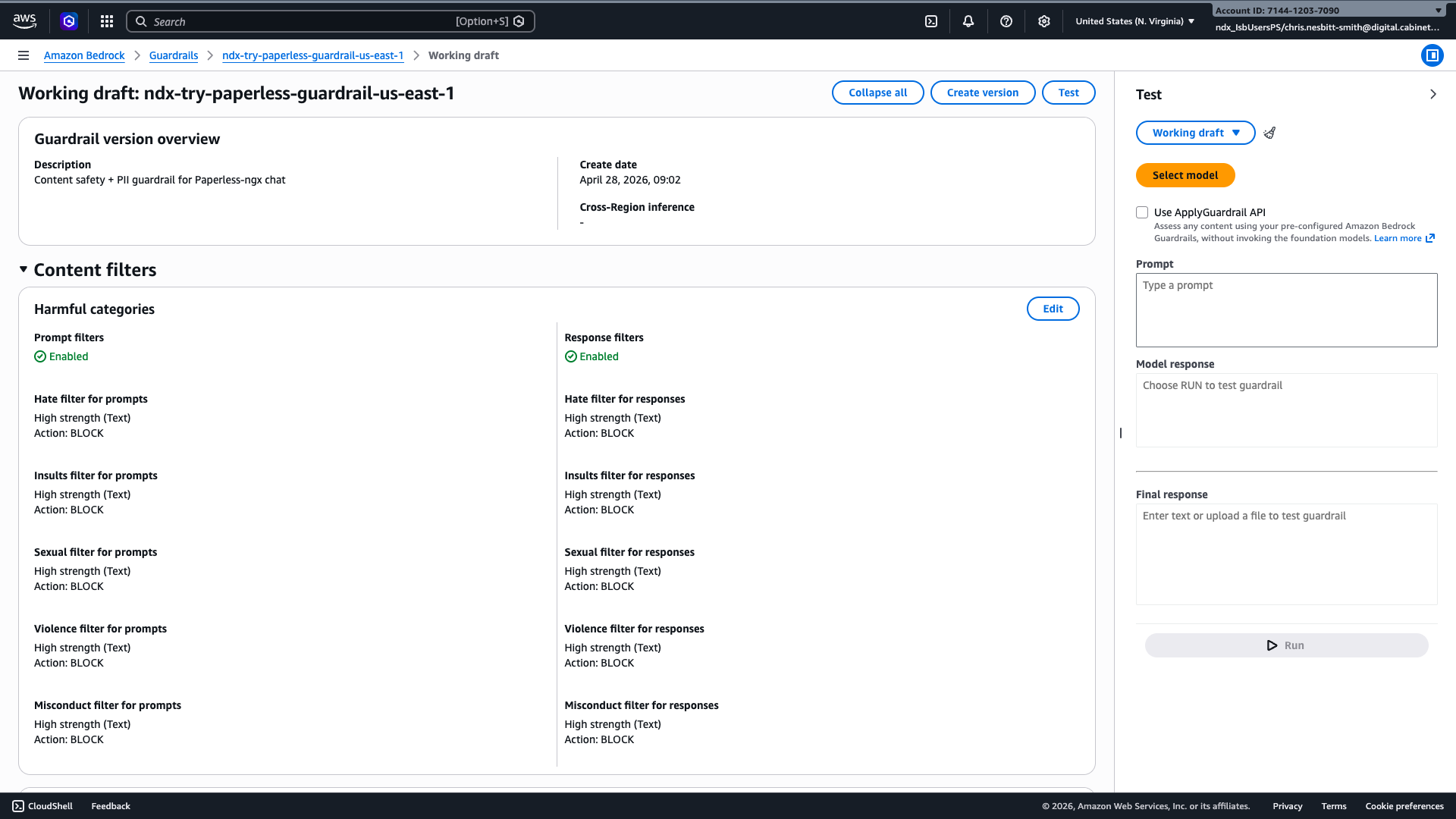 Bedrock Guardrails Working draft showing harmful-category content filters for Hate, Insults, Sexual, Violence and Misconduct, all High strength with action BLOCK on prompts and responses