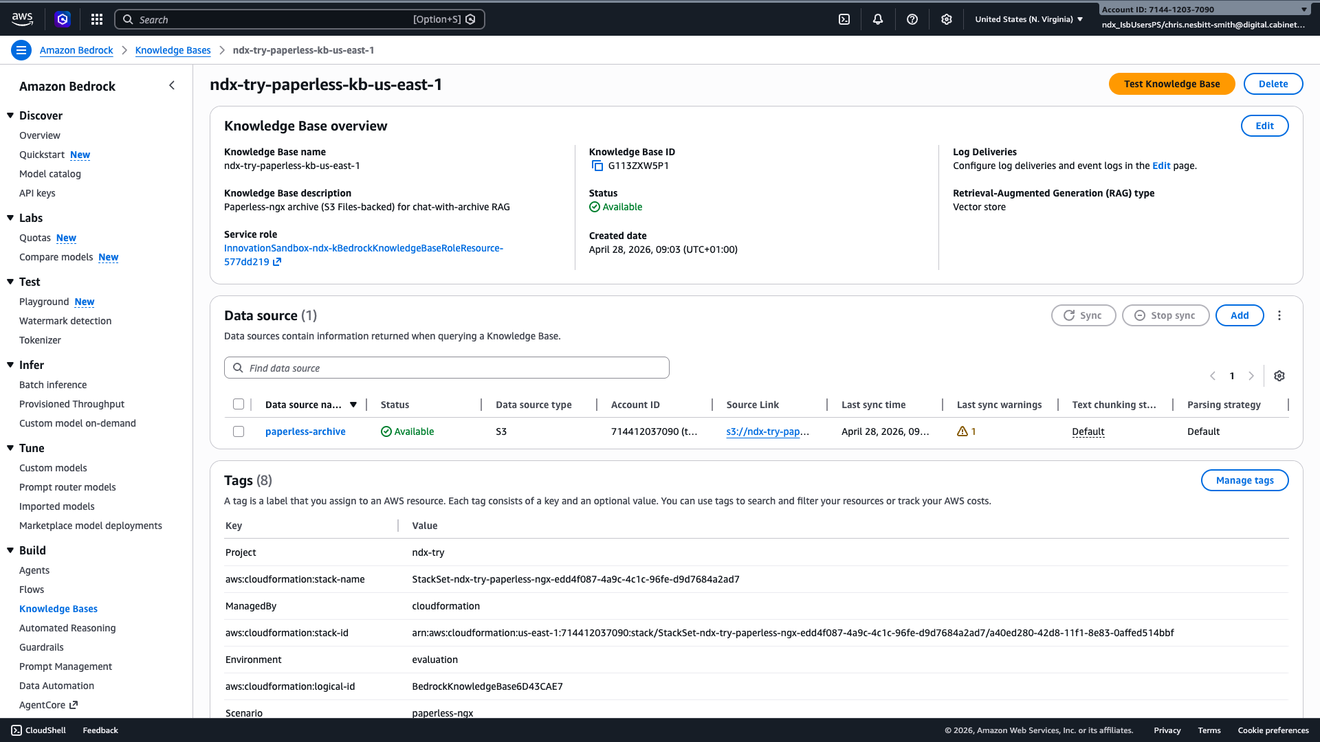 Amazon Bedrock Knowledge Base console showing ndx-try-paperless-kb-us-east-1 with status Available and a single S3 data source pointing at the paperless-archive bucket