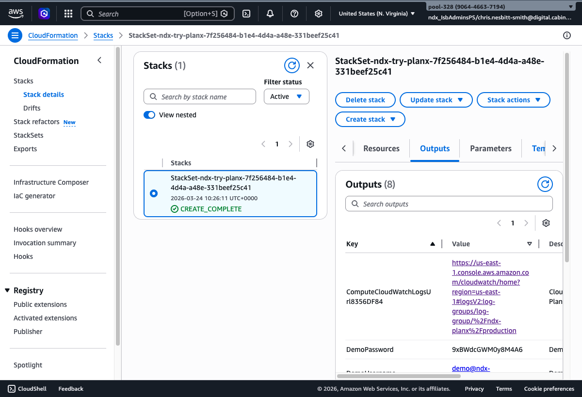 CloudFormation Outputs showing PlanX URL, demo credentials, and Hasura console URL