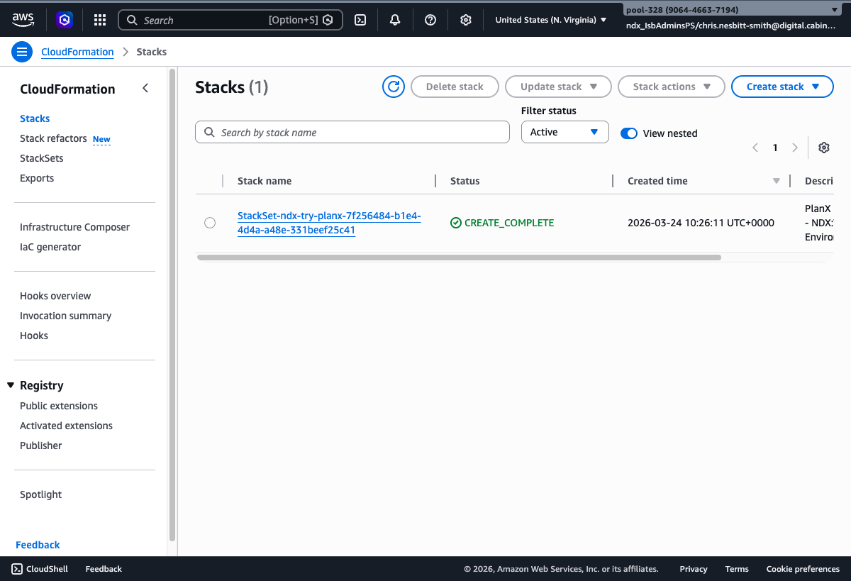CloudFormation console showing the PlanX stack with CREATE_COMPLETE status