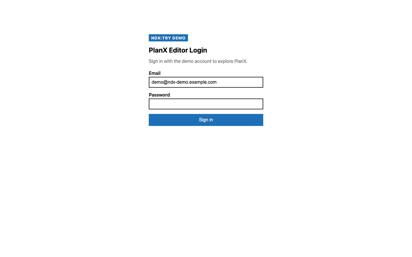 PlanX demo login page with NDX Try Demo badge, email pre-filled and password field