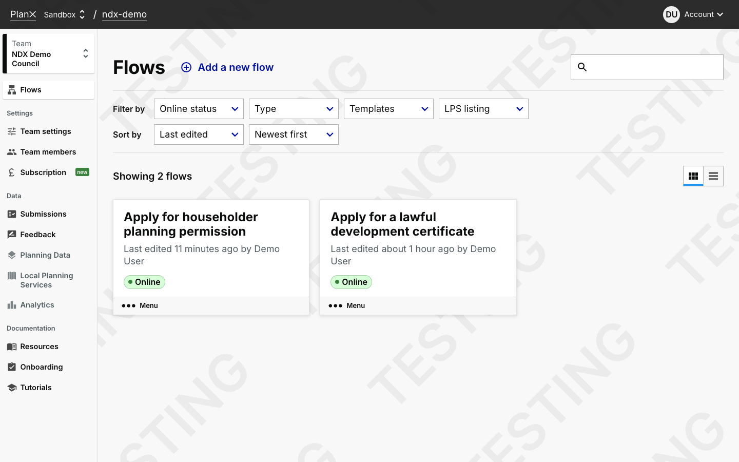 NDX Demo Council team dashboard showing planning flows