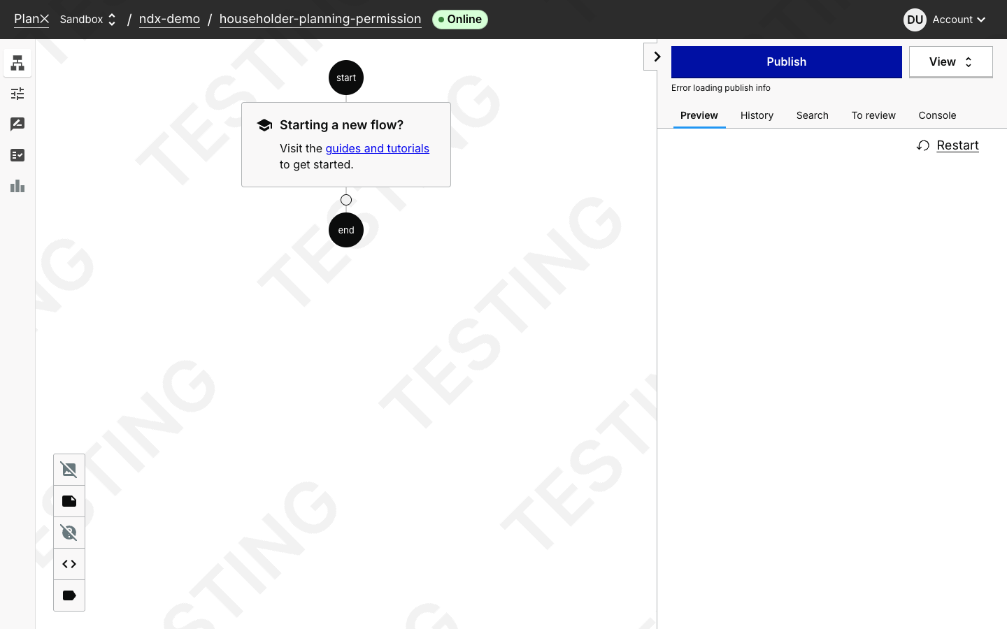 PlanX visual flow editor showing drag-and-drop nodes for building planning applications