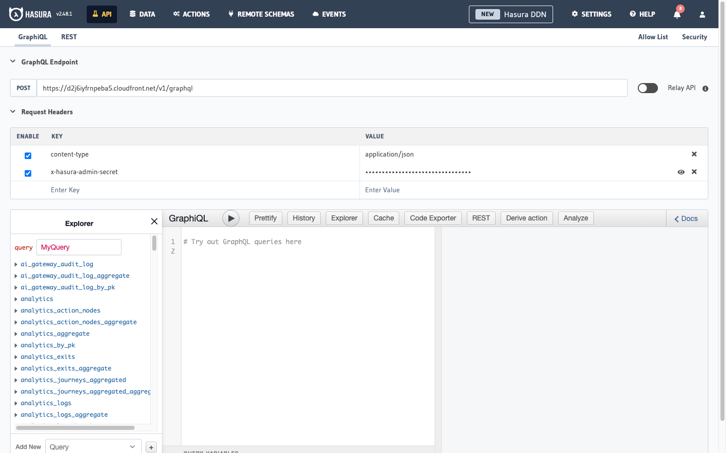 Hasura GraphiQL explorer showing PlanX database schema
