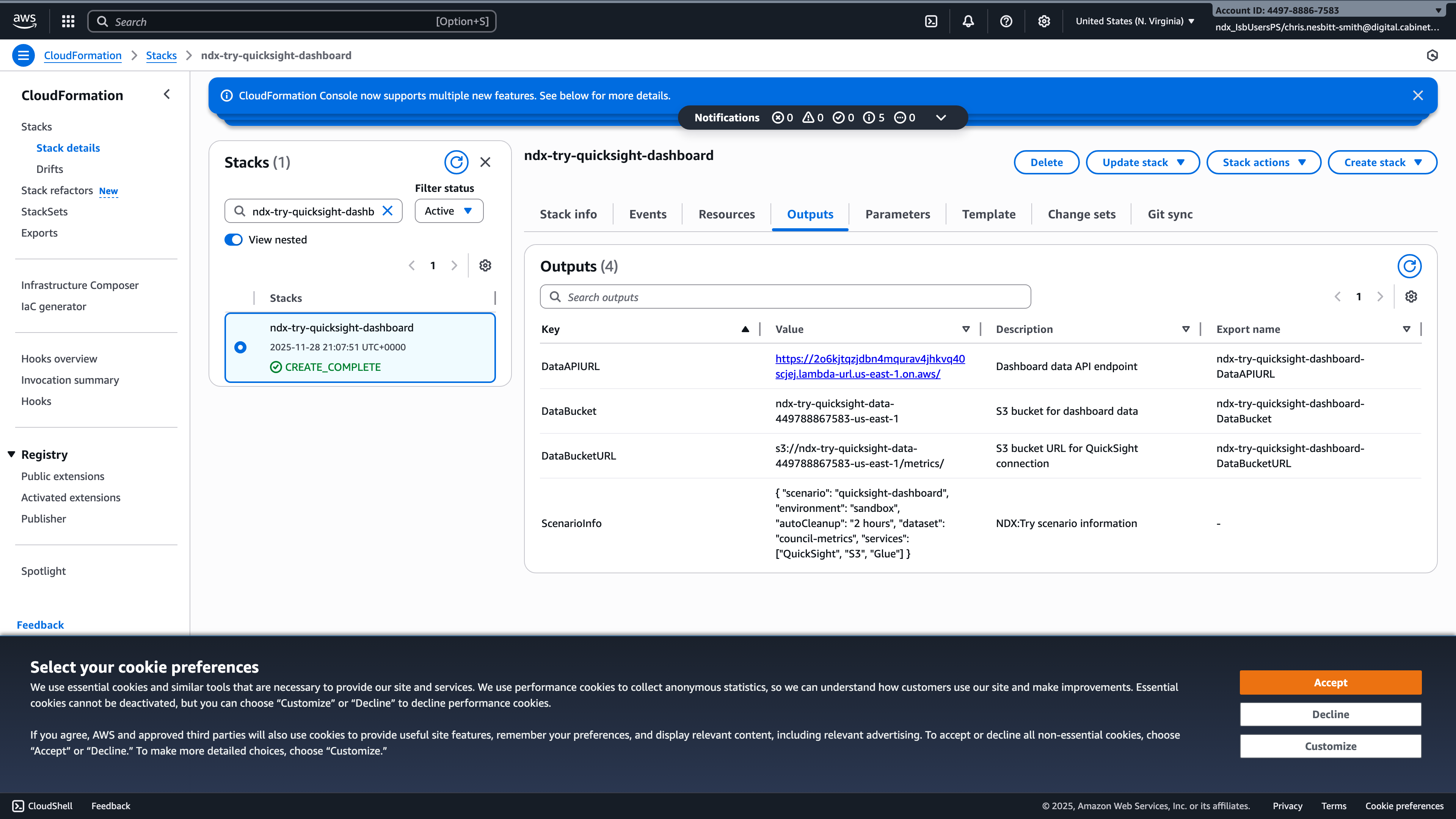 CloudFormation stack outputs showing the QuickSight dashboard embed URL