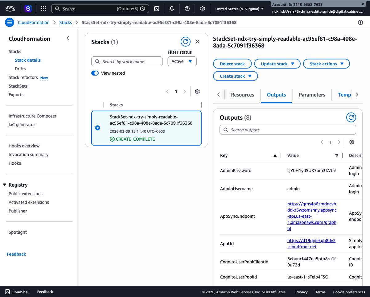 CloudFormation Outputs tab showing AppUrl, AdminPassword, AdminUsername, AppSyncEndpoint, and CognitoUserPoolId values