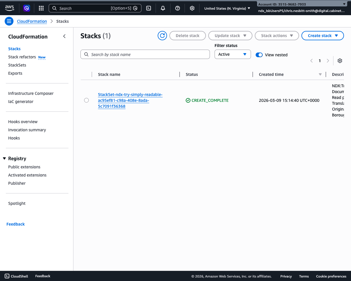 CloudFormation Stacks page showing the Simply Readable stack with CREATE_COMPLETE status