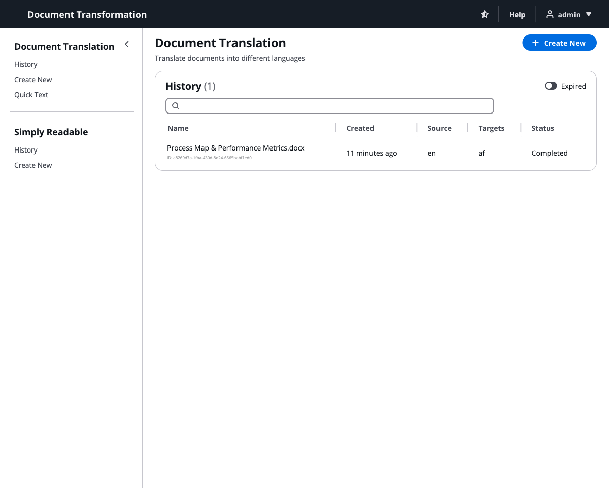 Simply Readable dashboard showing the Document Translation section with navigation sidebar including History, Create New, Quick Text, and Simply Readable sections
