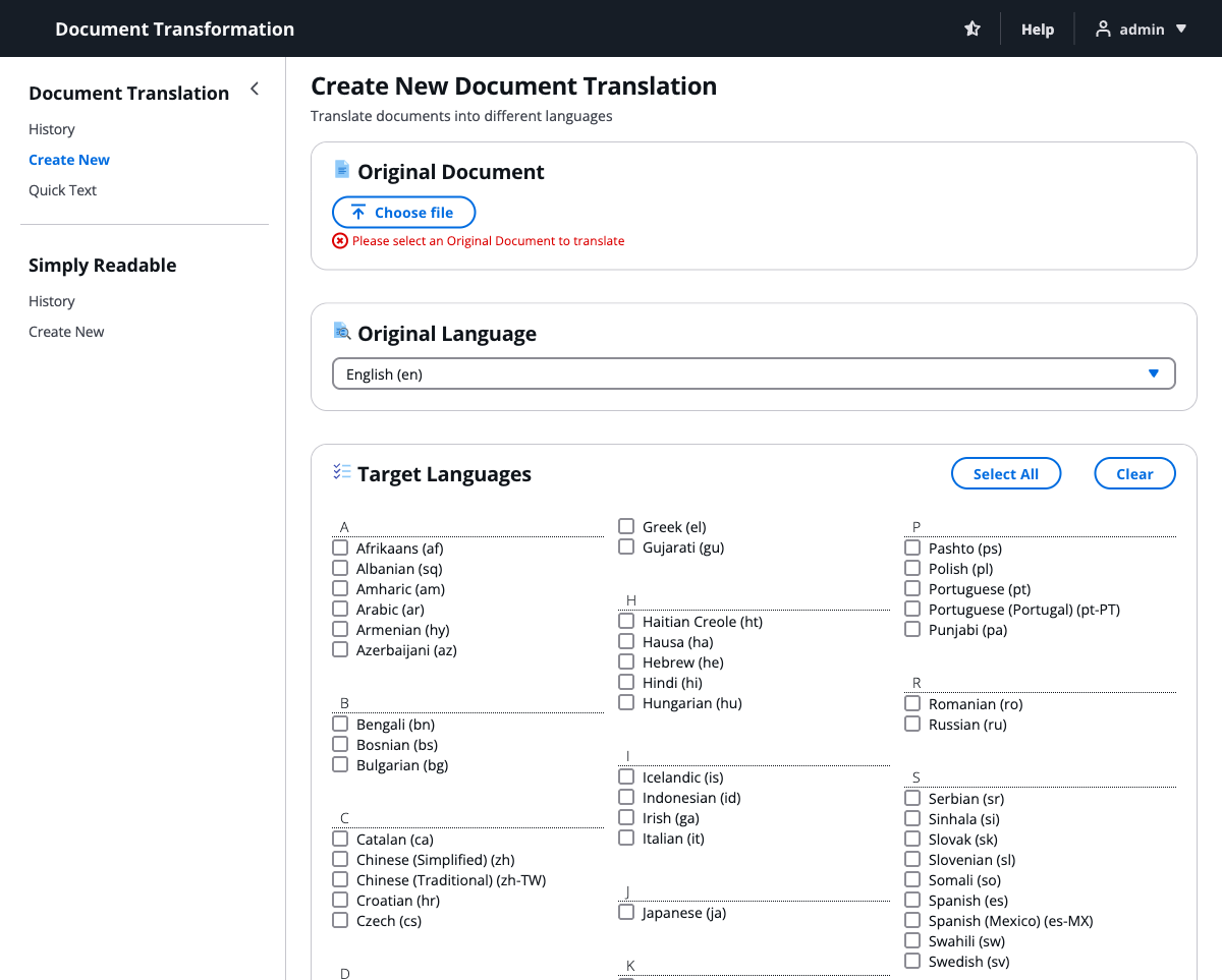 Create New Document Translation page with file upload area, Original Language set to English, and a list of 75+ target languages including Afrikaans, Albanian, Amharic, Arabic, and more