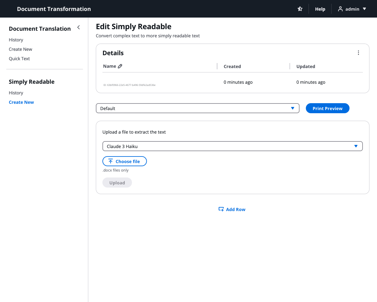 Edit Simply Readable page showing job details, a Default style selector, Print Preview button, Claude 3 Haiku model selector, and a file upload area for .docx files