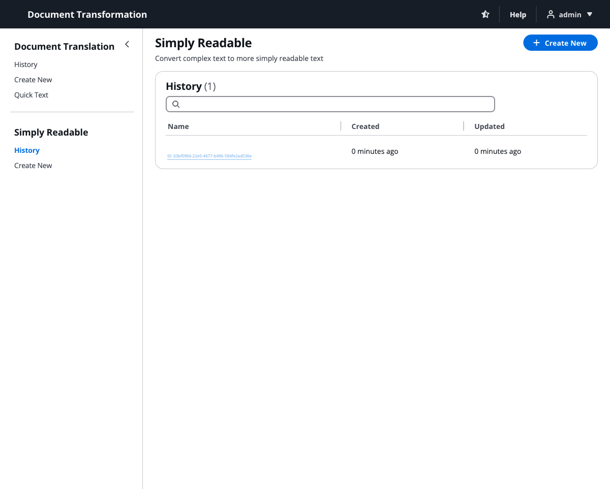 Simply Readable history page showing one completed Easy Read job with name, created time, and updated time columns