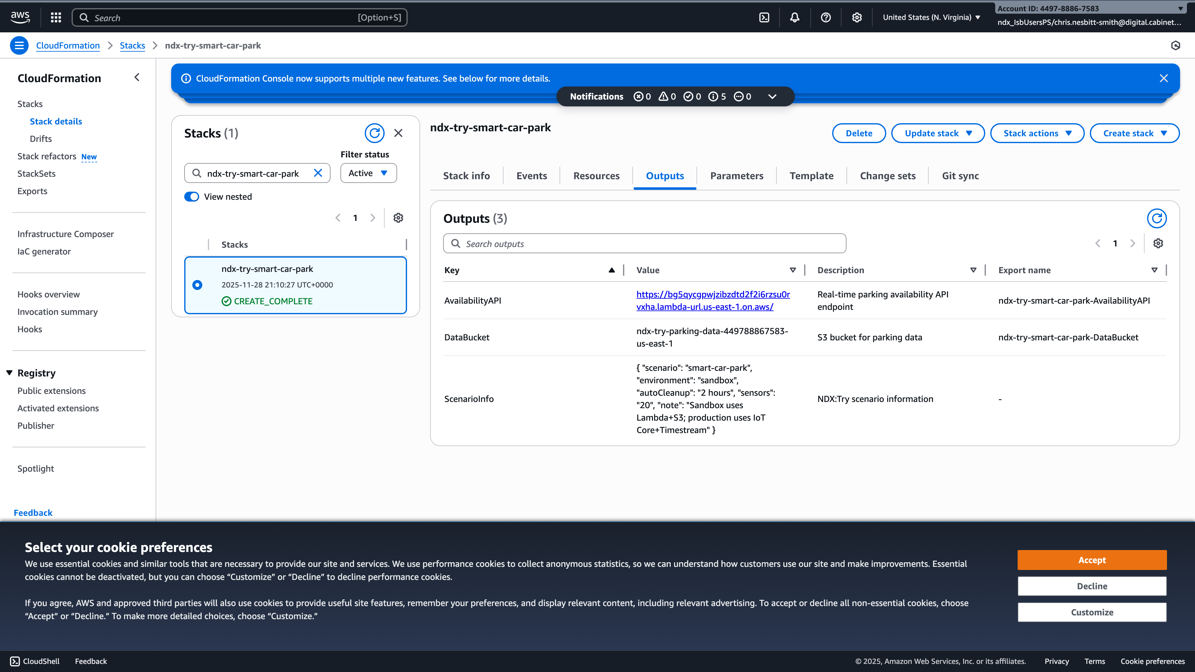 CloudFormation stack outputs showing the Smart Car Park dashboard URL