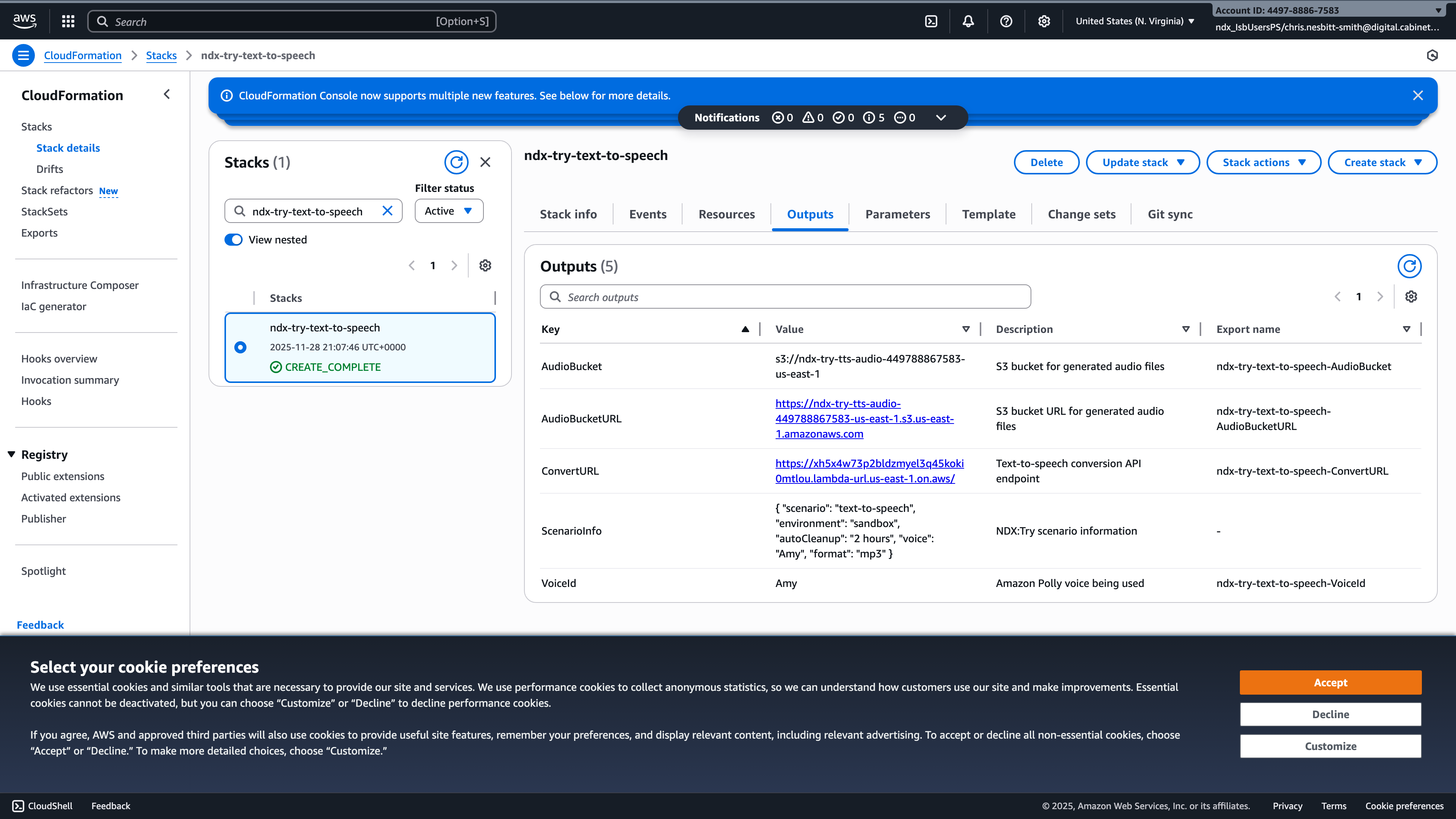 CloudFormation stack outputs showing the Text to Speech application URL