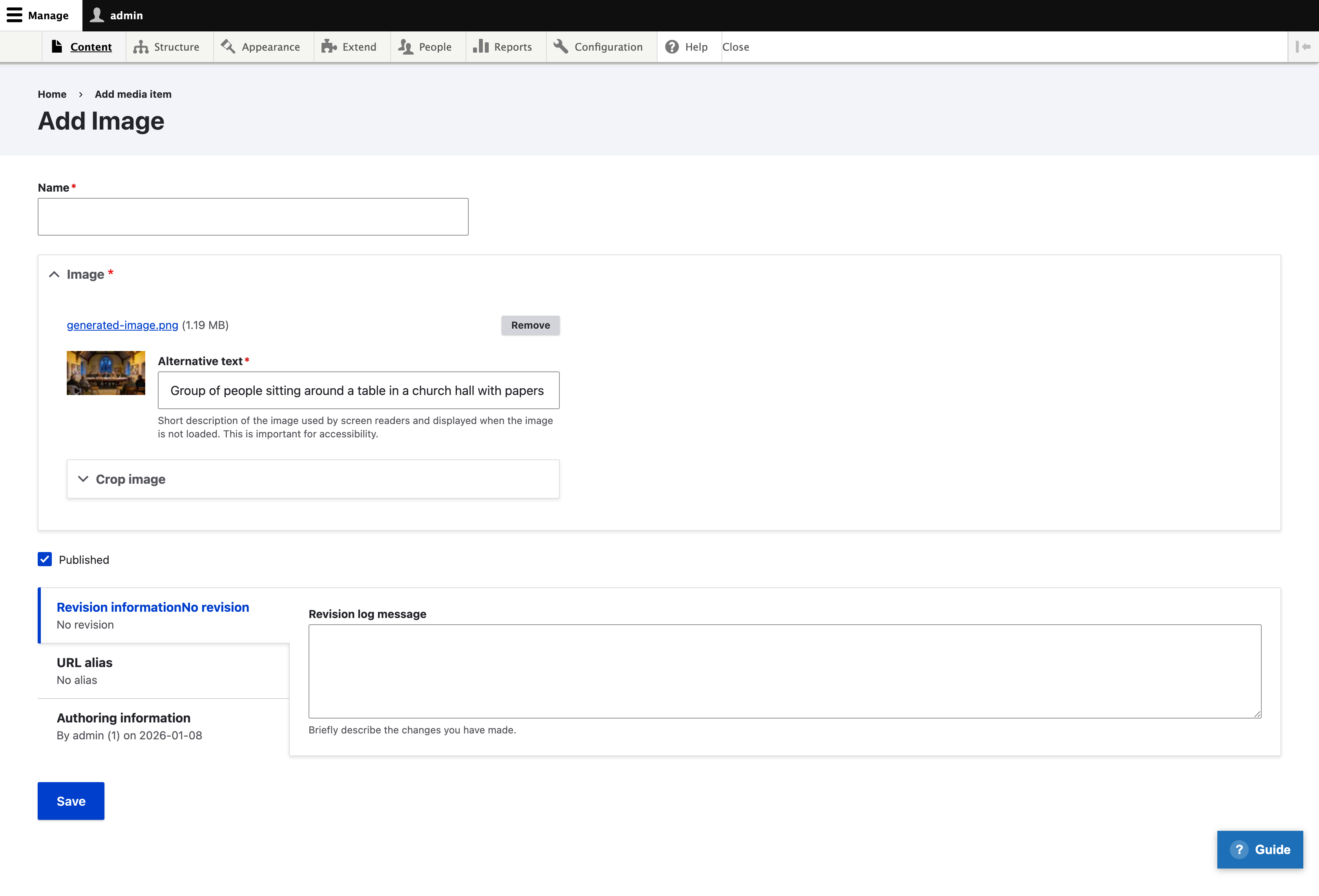 Drupal media library showing an uploaded image with AI-generated alt-text: Group of people sitting around a table in a church hall with papers