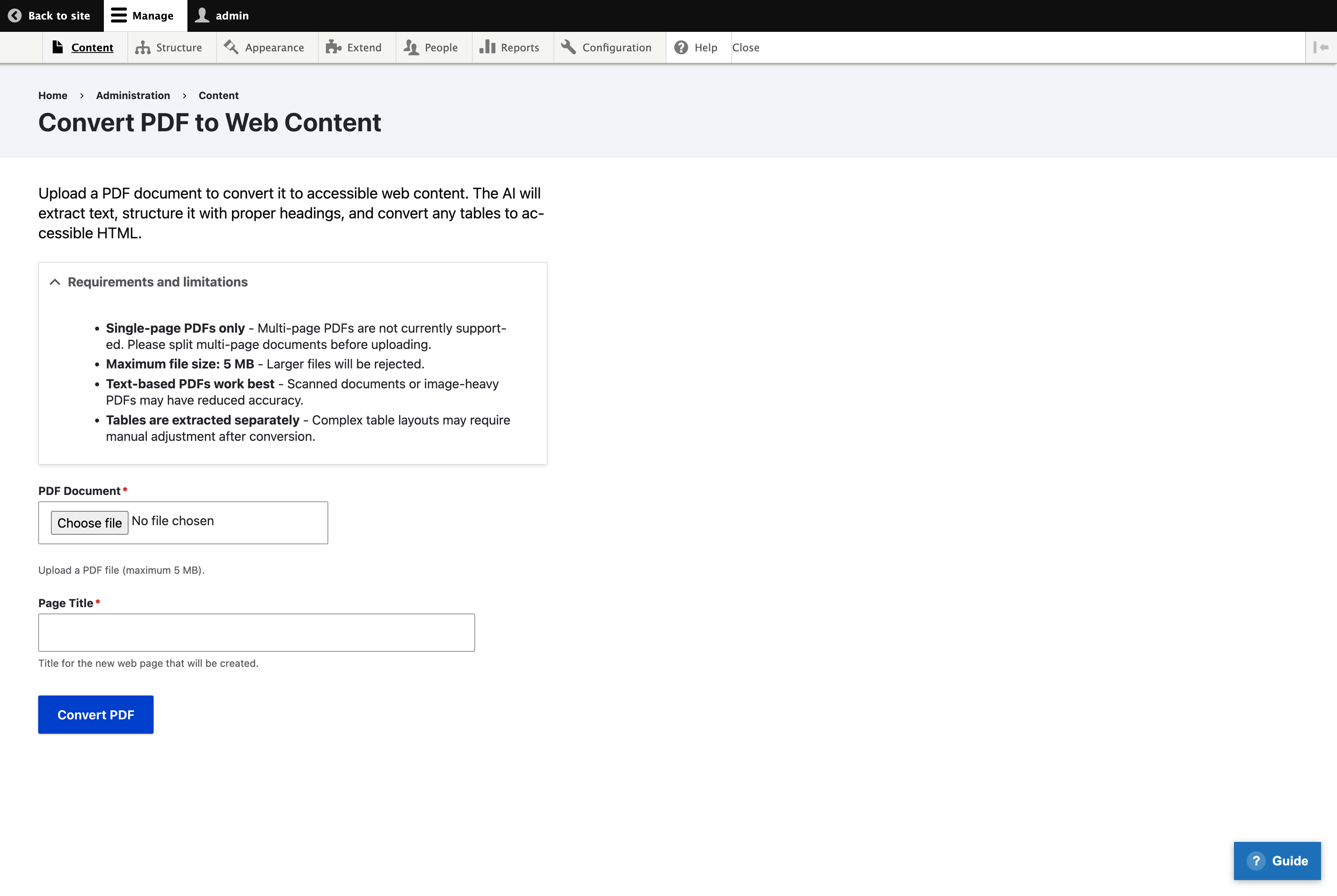PDF to Web conversion form showing a drag-and-drop upload area, page title field, and Convert PDF button