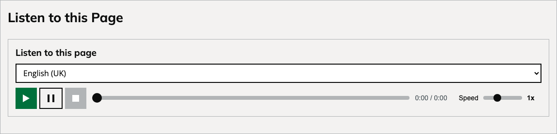 Listen to this page player showing language dropdown, play button, progress bar and speed controls