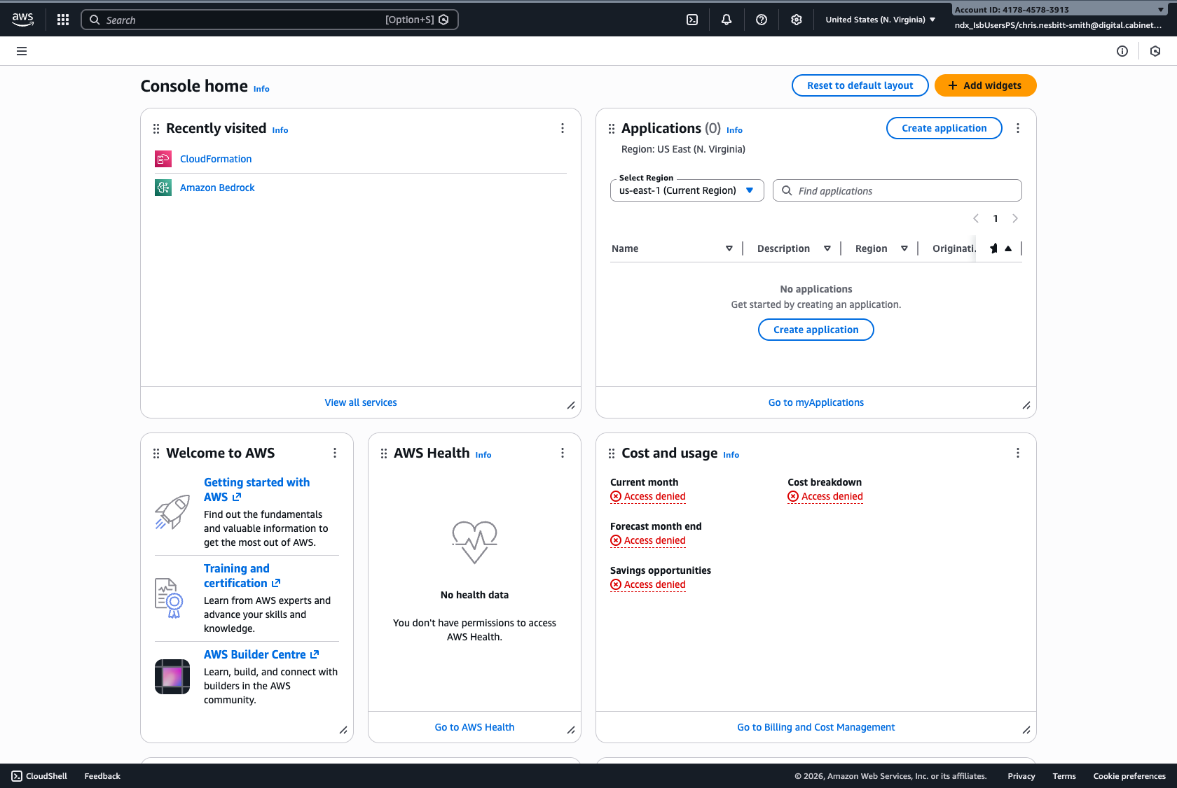 AWS Console homepage showing the search bar and Recently visited section with CloudFormation
