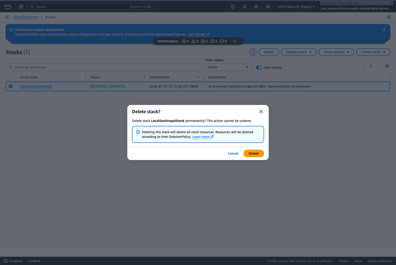 CloudFormation delete confirmation dialog asking 'Delete stack LocalGovDrupalStack permanently?' with Cancel and Delete buttons