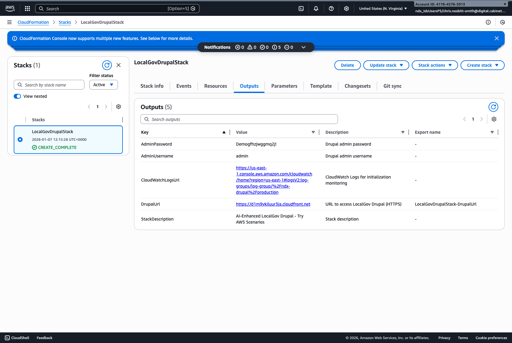AWS CloudFormation console showing the Outputs tab with DrupalUrl, AdminUsername, and AdminPassword values