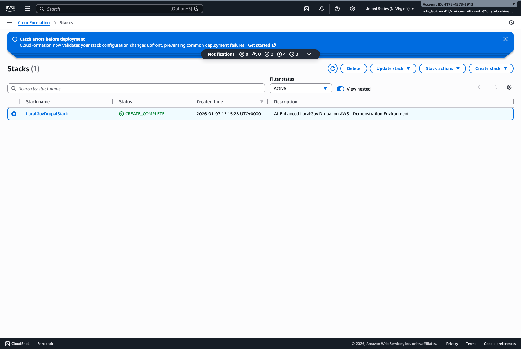 AWS CloudFormation console showing the LocalGovDrupalStack selected with radio button, and the Delete button enabled in the toolbar