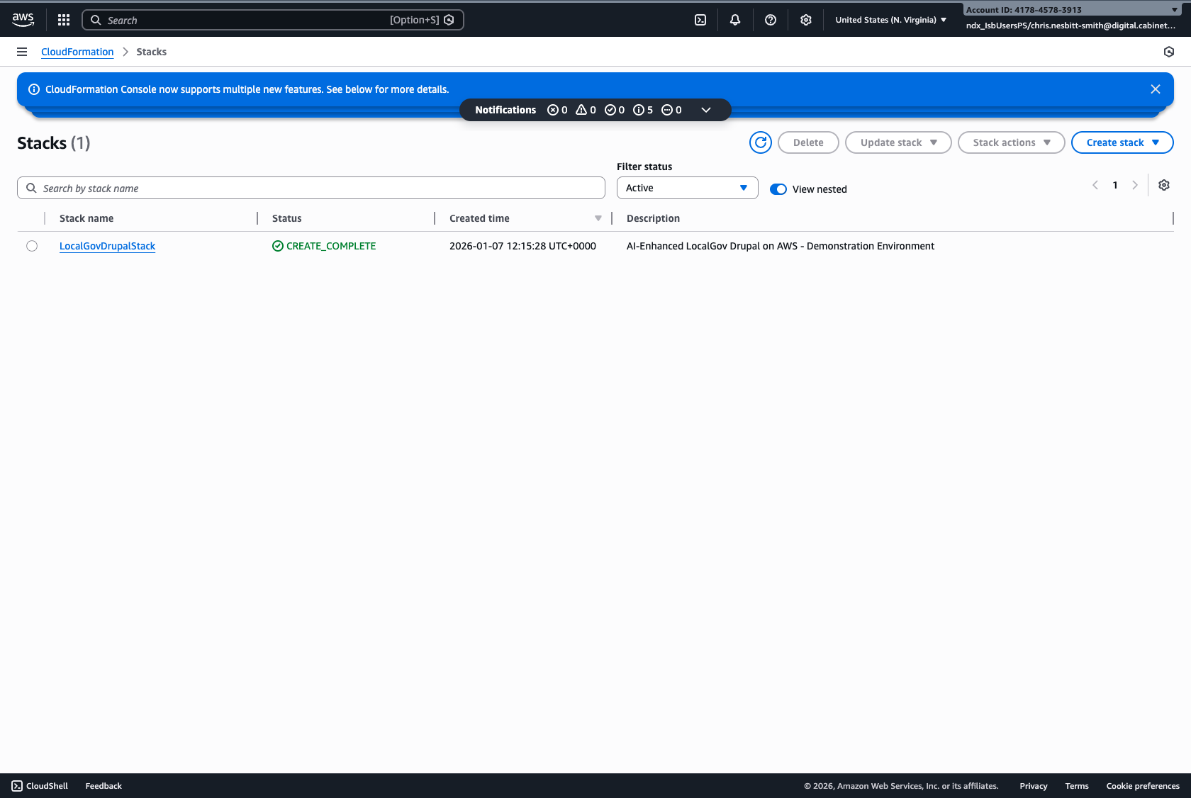 CloudFormation console showing the Stacks list with LocalGovDrupalStack and CREATE_COMPLETE status