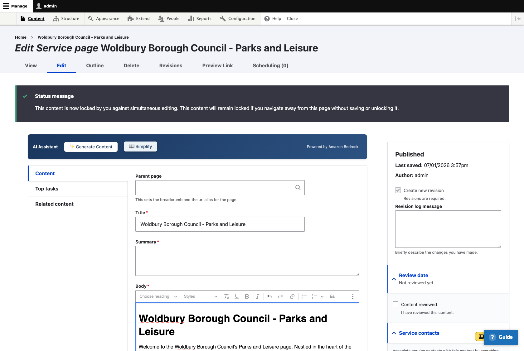 Drupal editor showing content that has been simplified to plain English