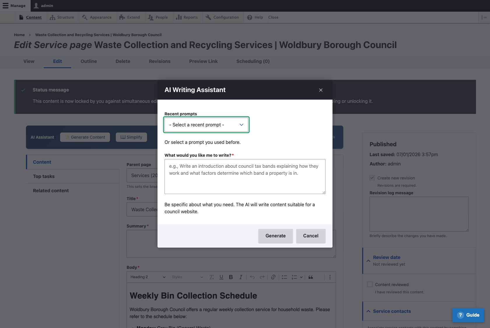 AI Writing Assistant dialog showing a text field for entering your prompt, with options to select recent prompts and Generate or Cancel buttons