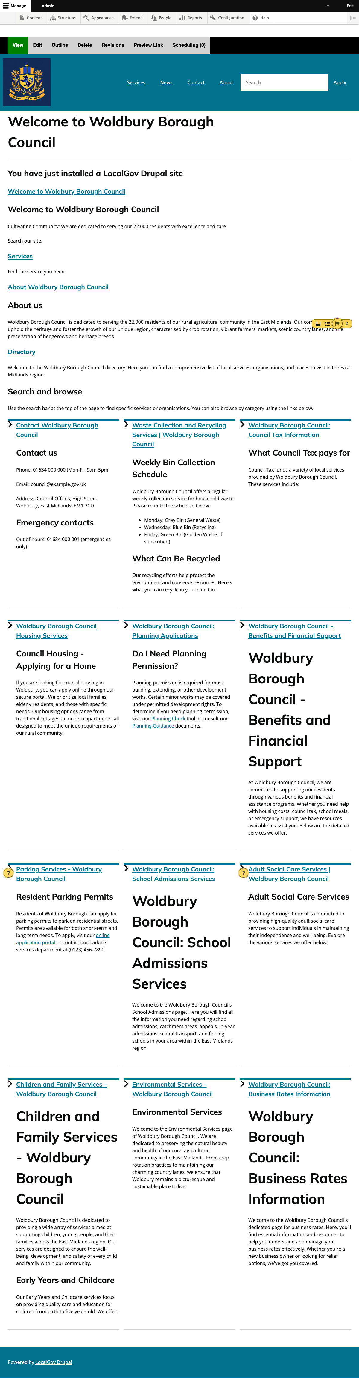 LocalGov Drupal homepage showing the DEMO banner, admin toolbar, main navigation, and service cards for a fictional council