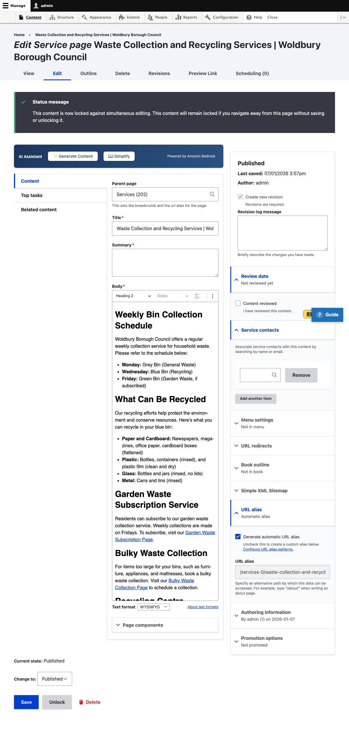 Drupal content editing interface showing the WYSIWYG editor with formatting toolbar
