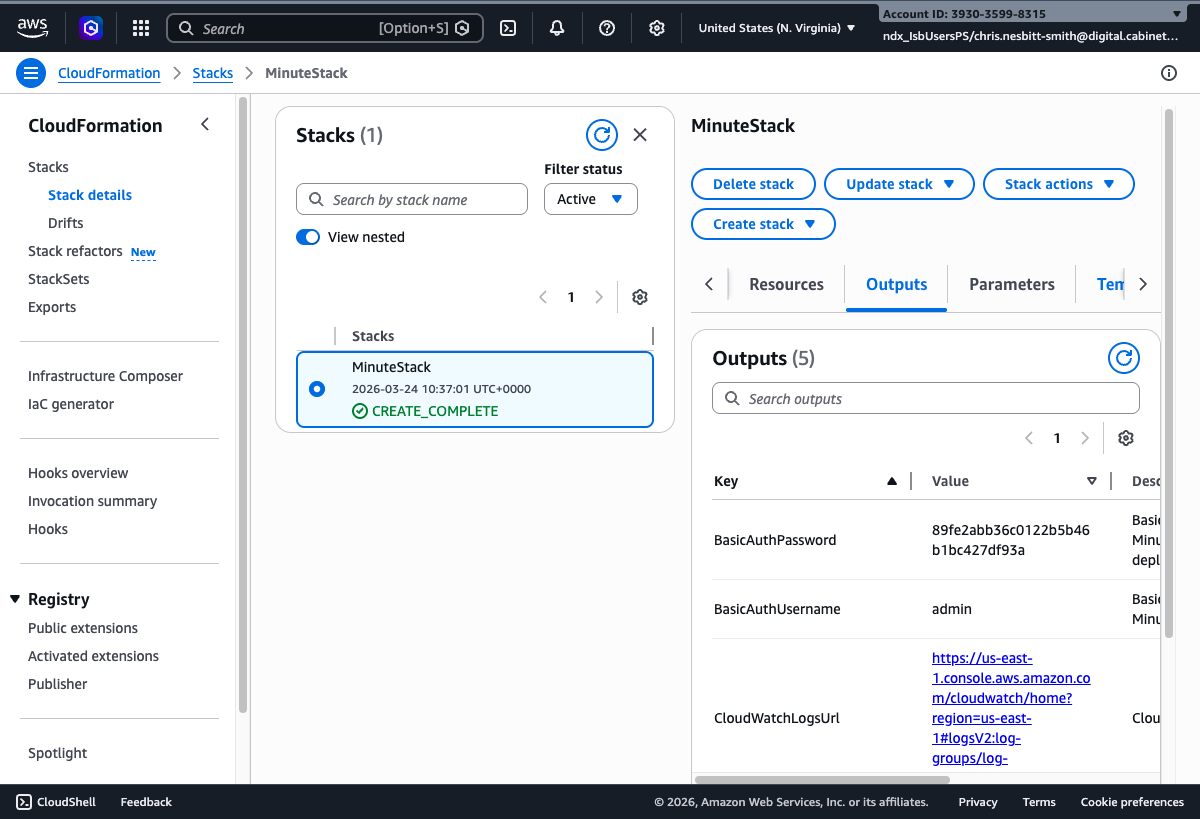 AWS CloudFormation console showing the Outputs tab with MinuteUrl, BasicAuthUsername, BasicAuthPassword, CloudWatchLogsUrl, and DataBucketName values