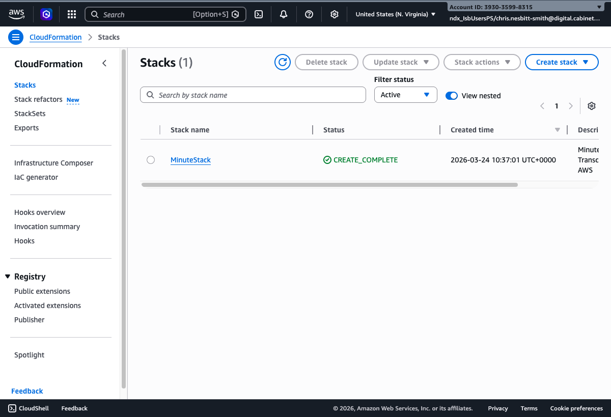 CloudFormation console showing the Stacks list with MinuteStack and CREATE_COMPLETE status