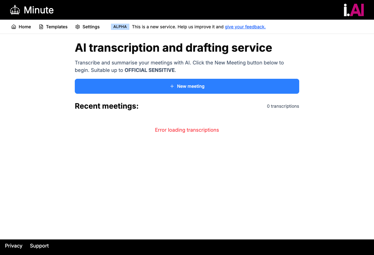 Minute AI homepage showing the dashboard with a New meeting button and clean modern interface