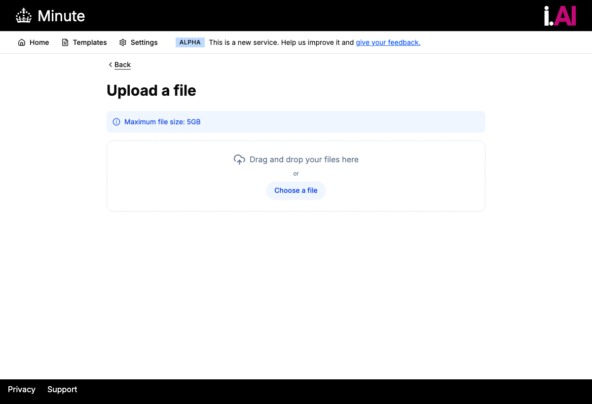Minute AI upload page showing the file upload area, template selector with General selected, and Upload button
